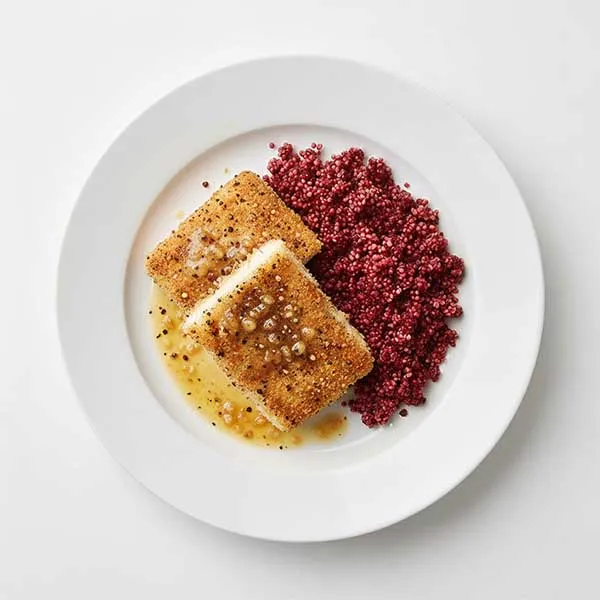 Trio Pepper Crumbed Fish With Beetroot Herb Couscous & Tarragon Brown Butter Sauce